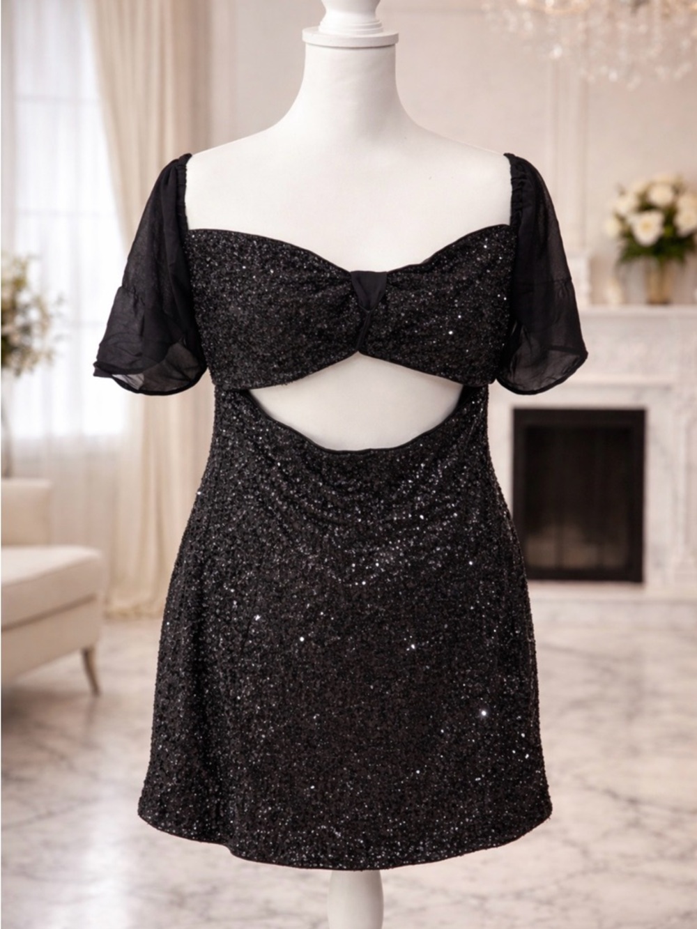 Black Sequin Cutout Mini Dress - Women